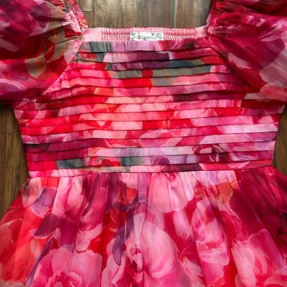 Floral Print Pink & Red Puff Sleeve Pleated Bodice Babydoll Dress - Picture 4 of 8